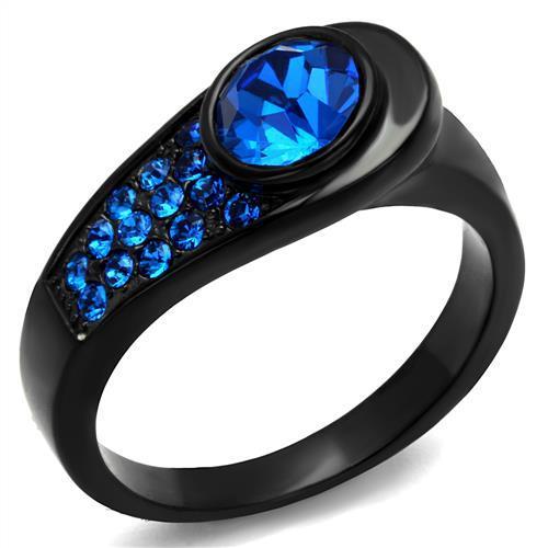 Black Stainless Steel Ring with Blue Rosette Top Grade Crystal