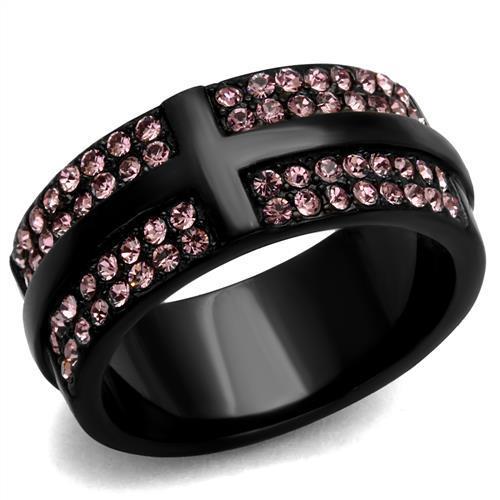 Black Stainless Steel Ring with Light Amethyst Top Grade Crystal
