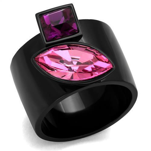 Black Stainless Steel Ring with Rose Top Grade Crystal