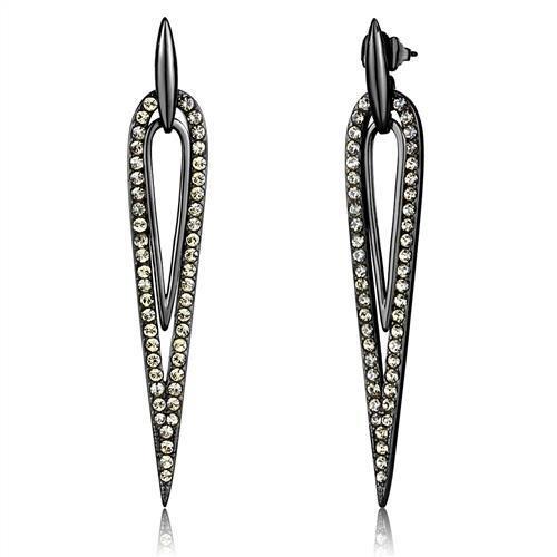 Light Black Stainless Steel Drop Earrings with Smoky Topaz Top Grade Crystal