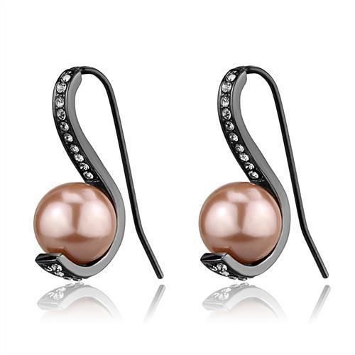 Light Black Stainless Steel Drop Earrings with Light Peach Synthetic Pearl