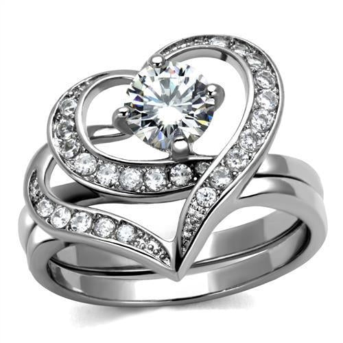 Double Heart Shaped Stainless Steel Fancy Ring with AAA Grade Cubic Zirconia