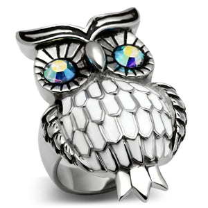 Stainless Steel Owl Ring with Sea Blue Top Grade Crystal