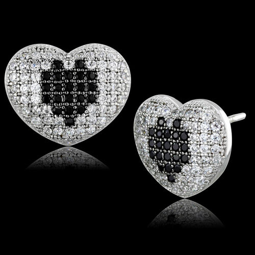 Heart Shaped Rhodium and Ruthenium 925 Sterling Silver Stud Earrings with AAA Grade Cubic Zirconia